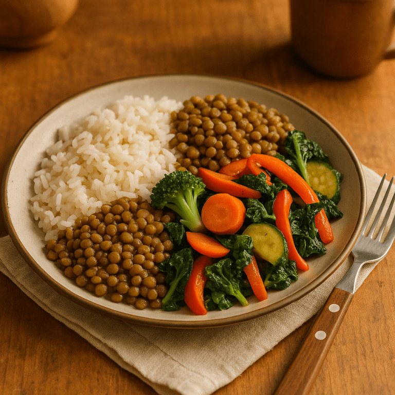 Piatto vegano economico con riso, legumi e verdure di stagione, simbolo della cucina vegana economica per tutti i giorni