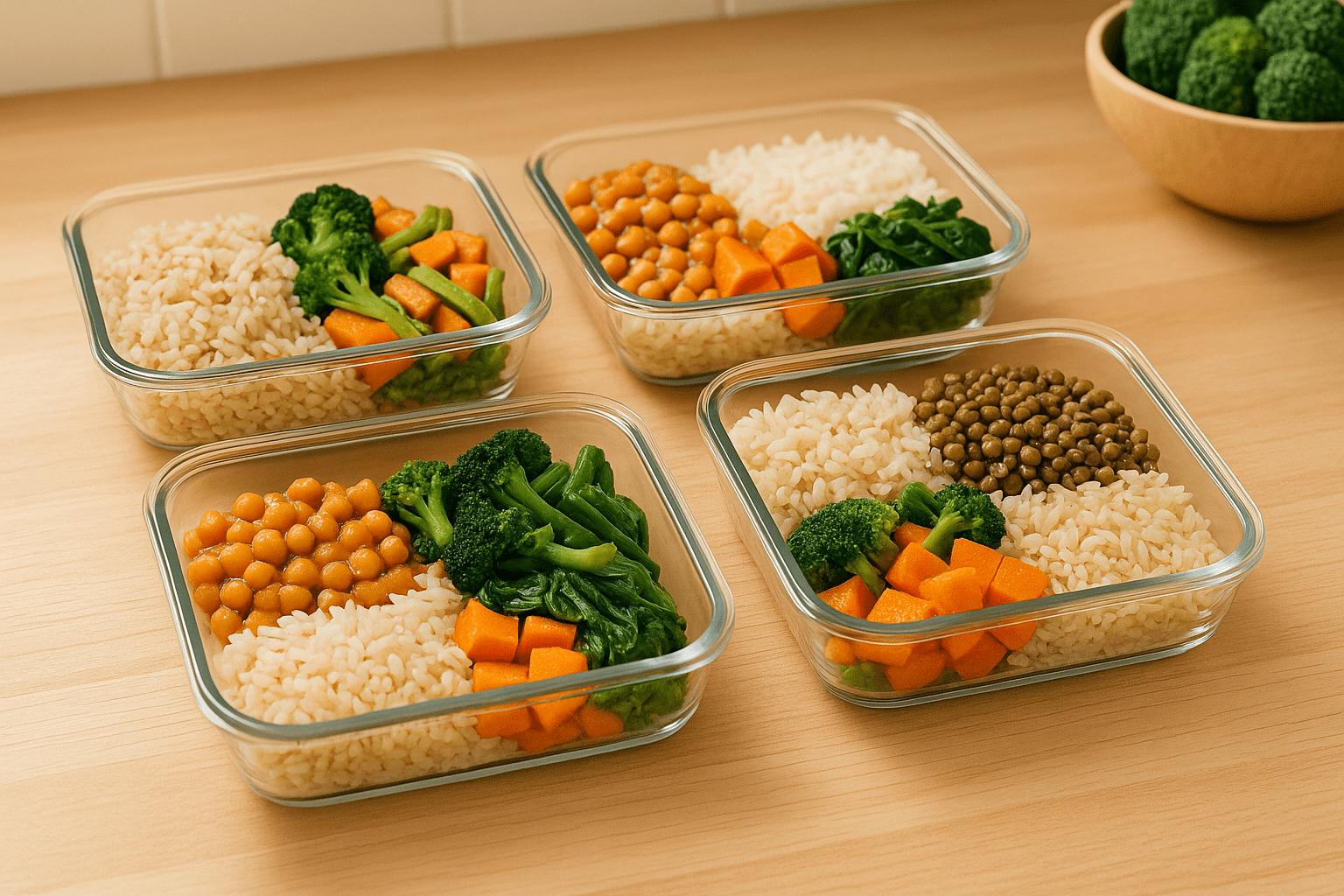 Contenitori con pasti vegani economici e colorati per tutta la settimana