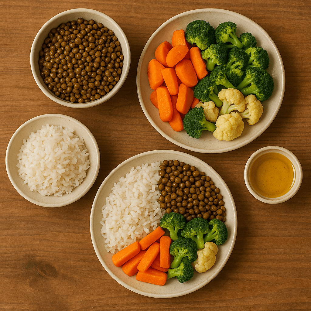 Ingredienti semplici come legumi, cereali e verdure di stagione disposti su un piano cucina