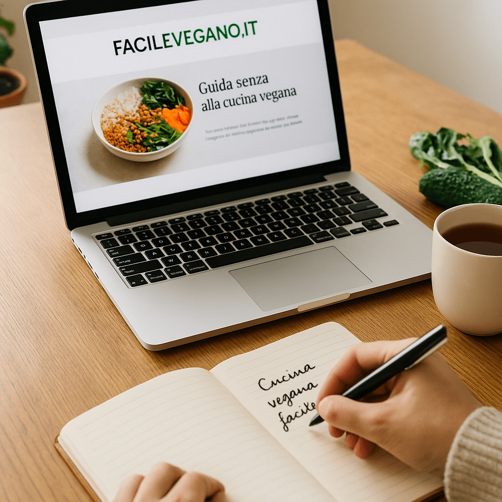 Donna che consulta ricette per una cucina vegana low cost al computer