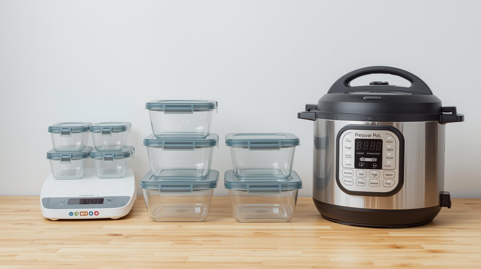 Strumenti utili per organizzare una cucina vegana low cost come contenitori, bilancia e pentola a pressione