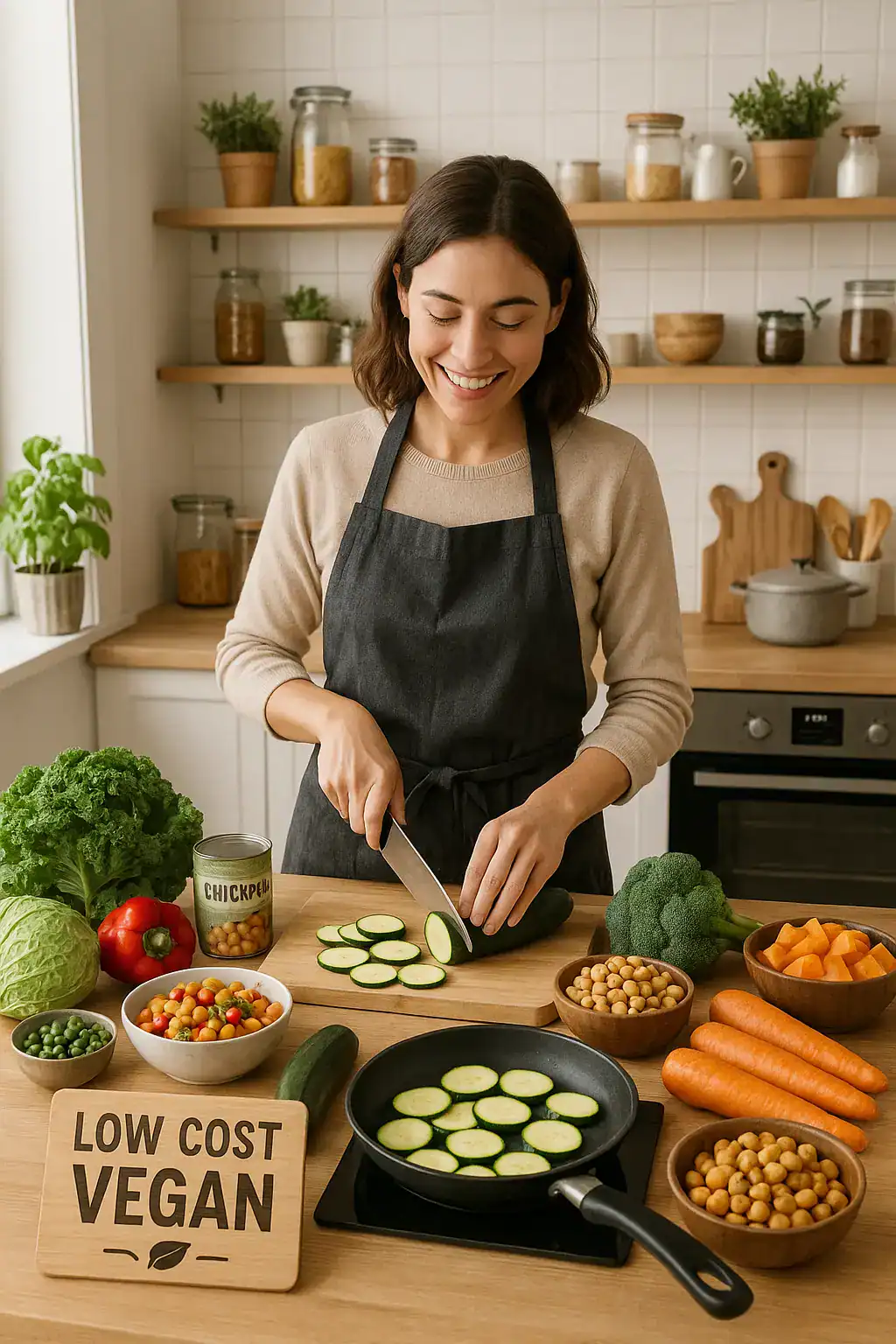 Donna che cucina piatti per una cucina vegana low cost in una cucina moderna