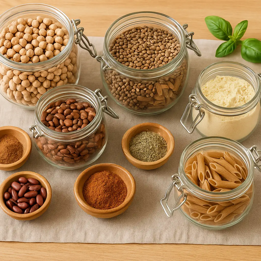 Ingredienti semplici per organizzare la dispensa e risparmiare con una cucina vegana economica.