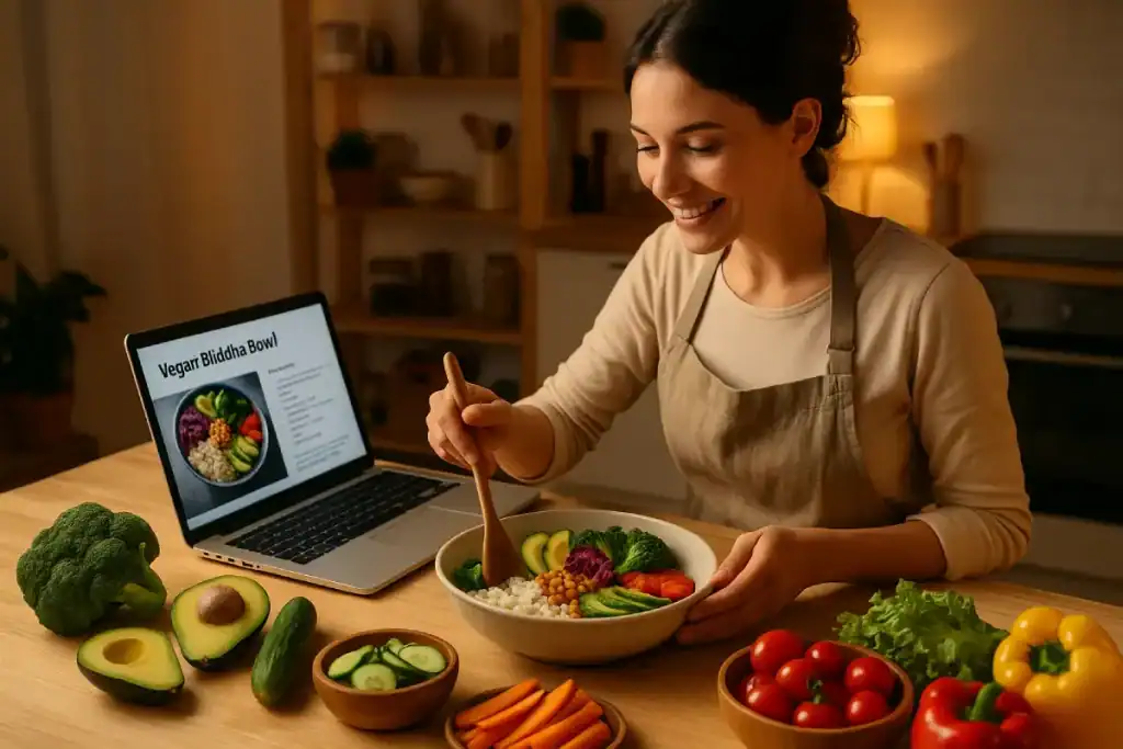 Donna che prepara una bowl vegana colorata seguendo una lezione di cucina online