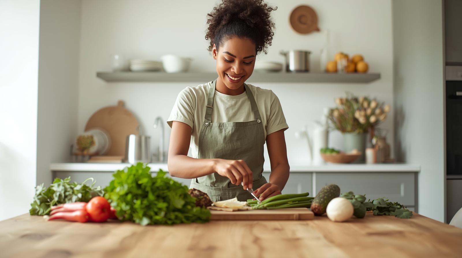 Donna sorridente che prepara piatti di cucina vegana facile