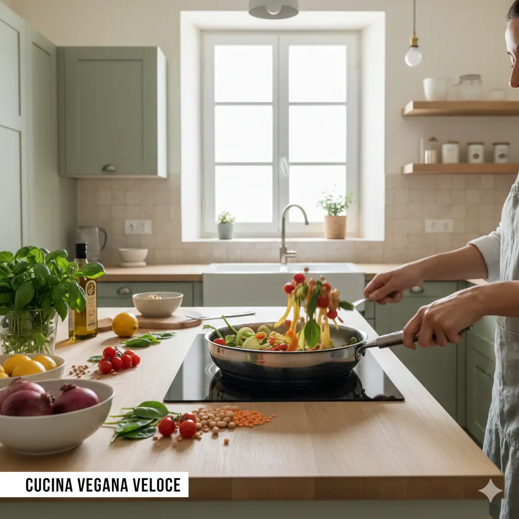 Preparazione veloce di verdure fresche saltate in padella in una cucina luminosa