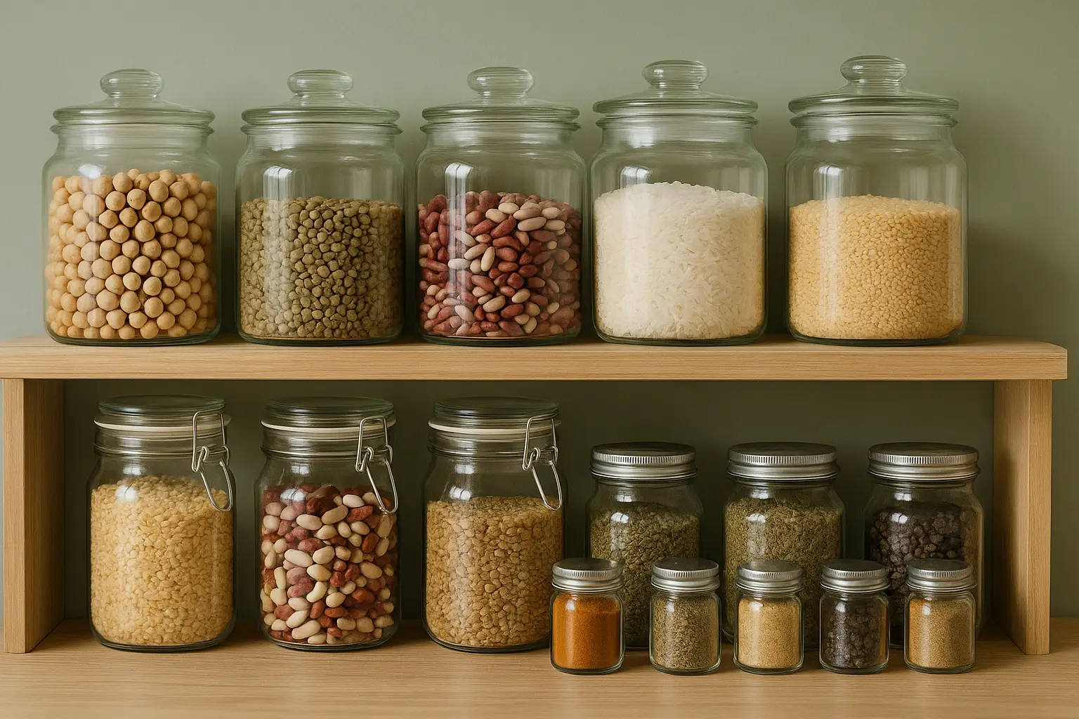Barattoli con legumi, cereali e spezie organizzati su uno scaffale di legno