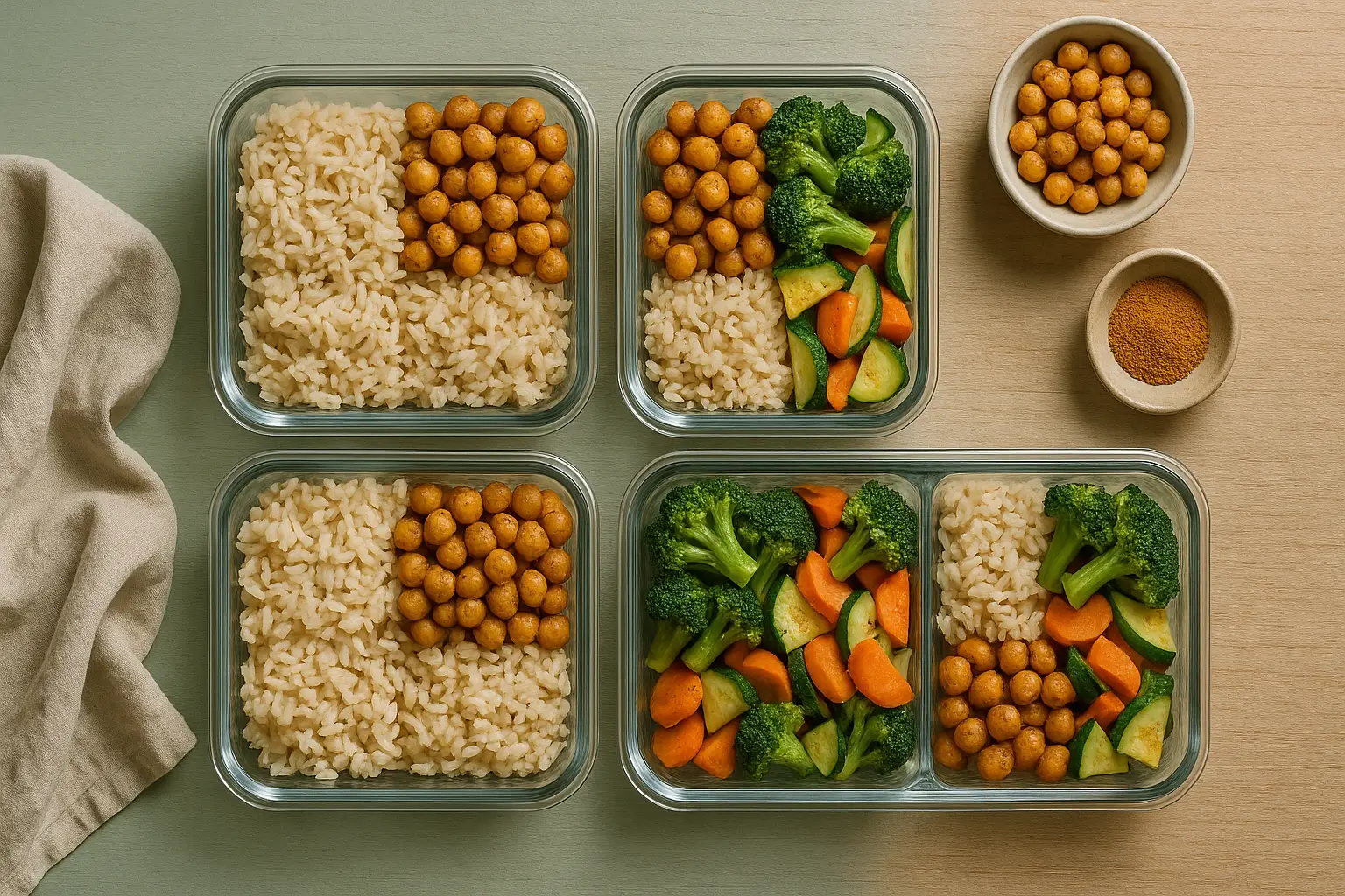 Contenitori con riso, ceci e verdure saltate disposti su un tavolo