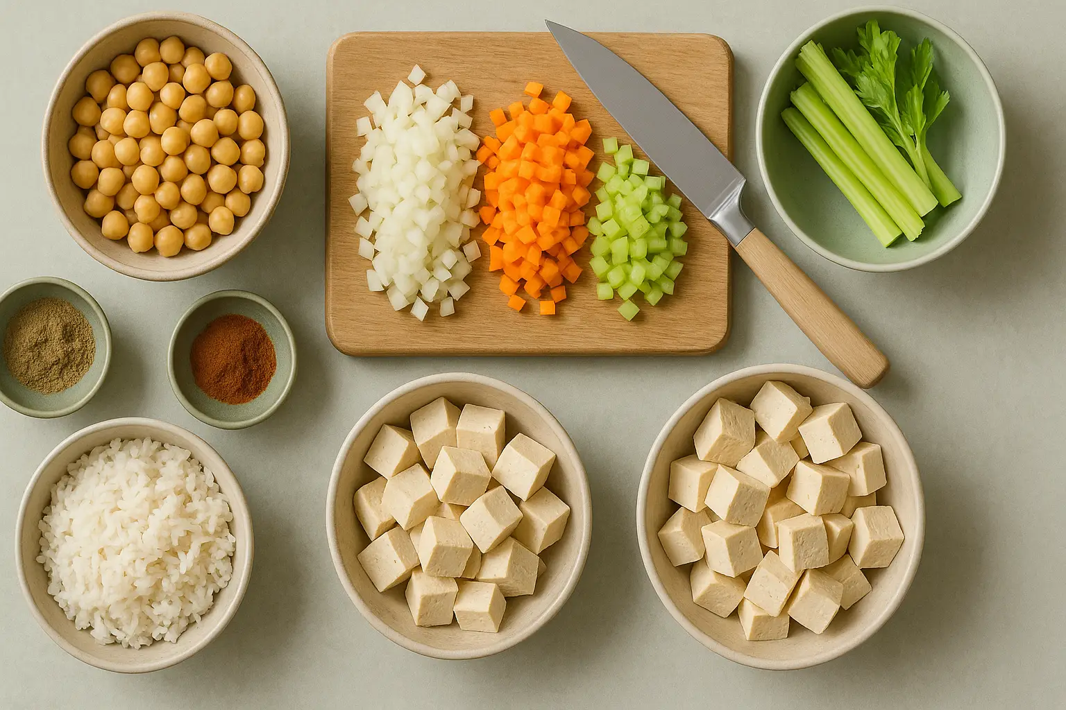 Ingredienti e preparazioni rapide con verdure tritate, legumi e strumenti da cucina