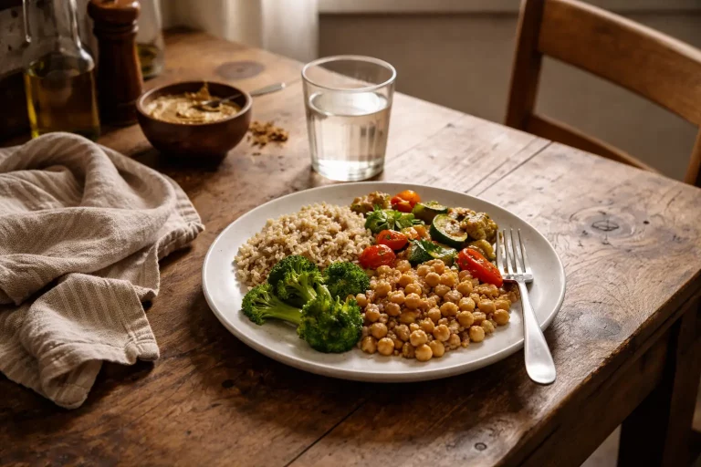 Piatto di alimentazione vegana semplice preparato in una cucina di casa, con legumi, verdure di stagione e cereali, simbolo di una scelta consapevole e quotidiana