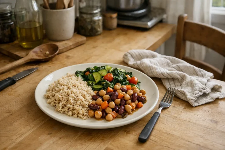 Cucina di casa semplice con piatto vegano quotidiano a base di legumi, verdure di stagione e cereali, simbolo di un’alimentazione vegetale possibile nella vita reale