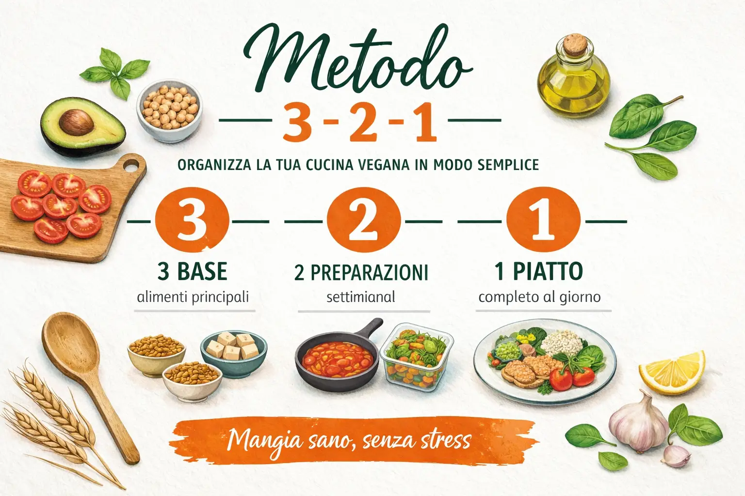 Metodo 3-2-1 per organizzare la cucina vegana semplice e senza stress