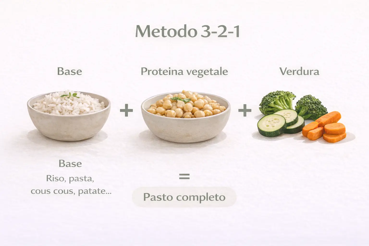Schema del Metodo 3-2-1 con base proteina vegetale e verdura