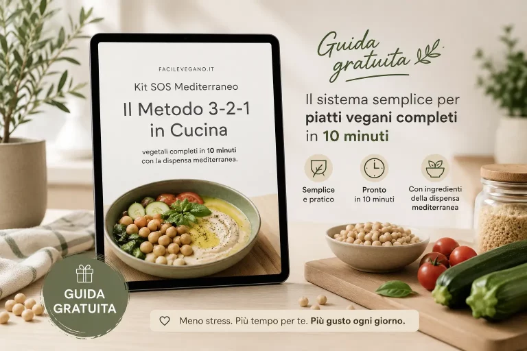 Mockup della guida gratuita Metodo 3-2-1 in Cucina di FacileVegano per organizzare pasti vegani semplici