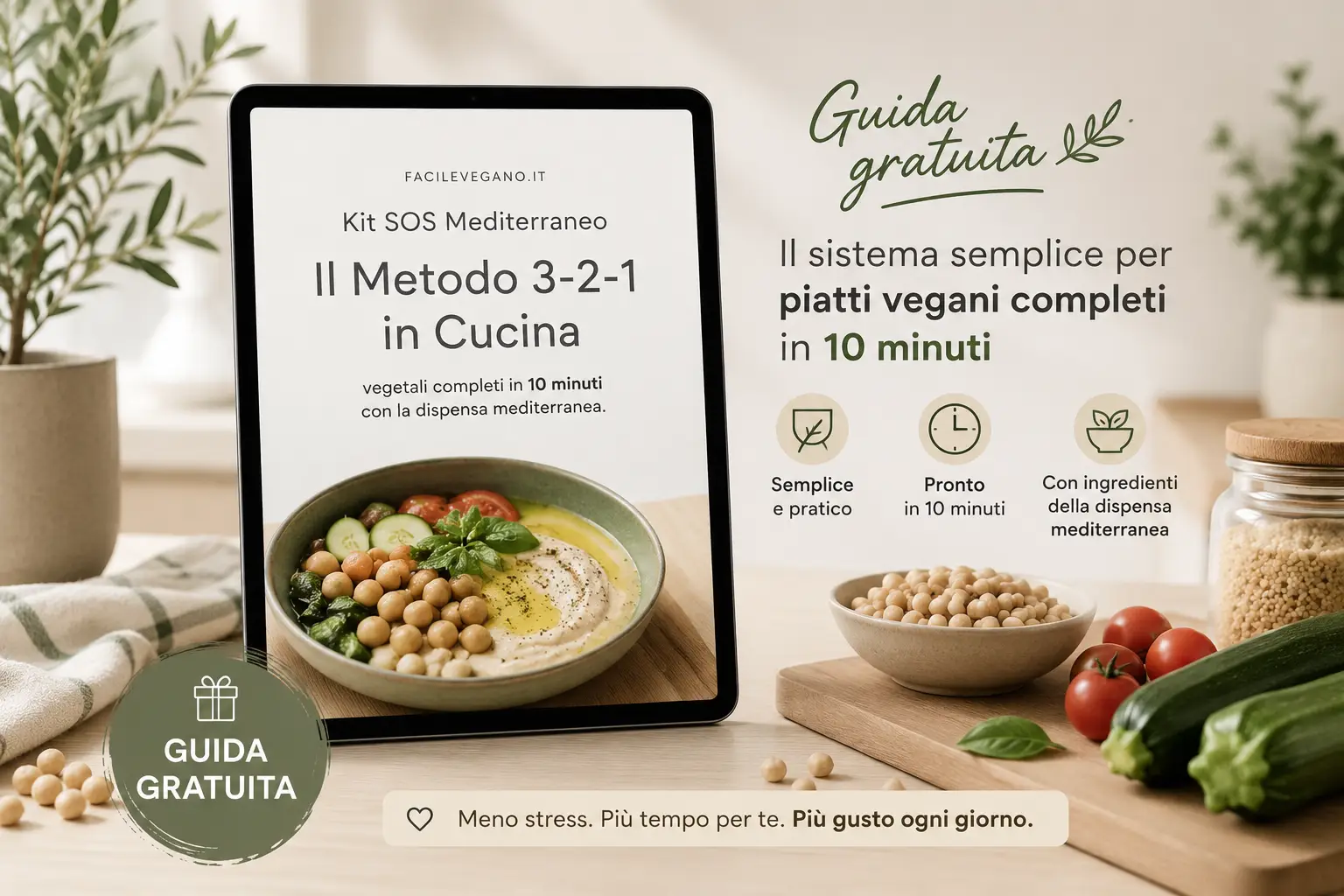 Mockup della guida gratuita Metodo 3-2-1 in Cucina di FacileVegano per organizzare pasti vegani semplici