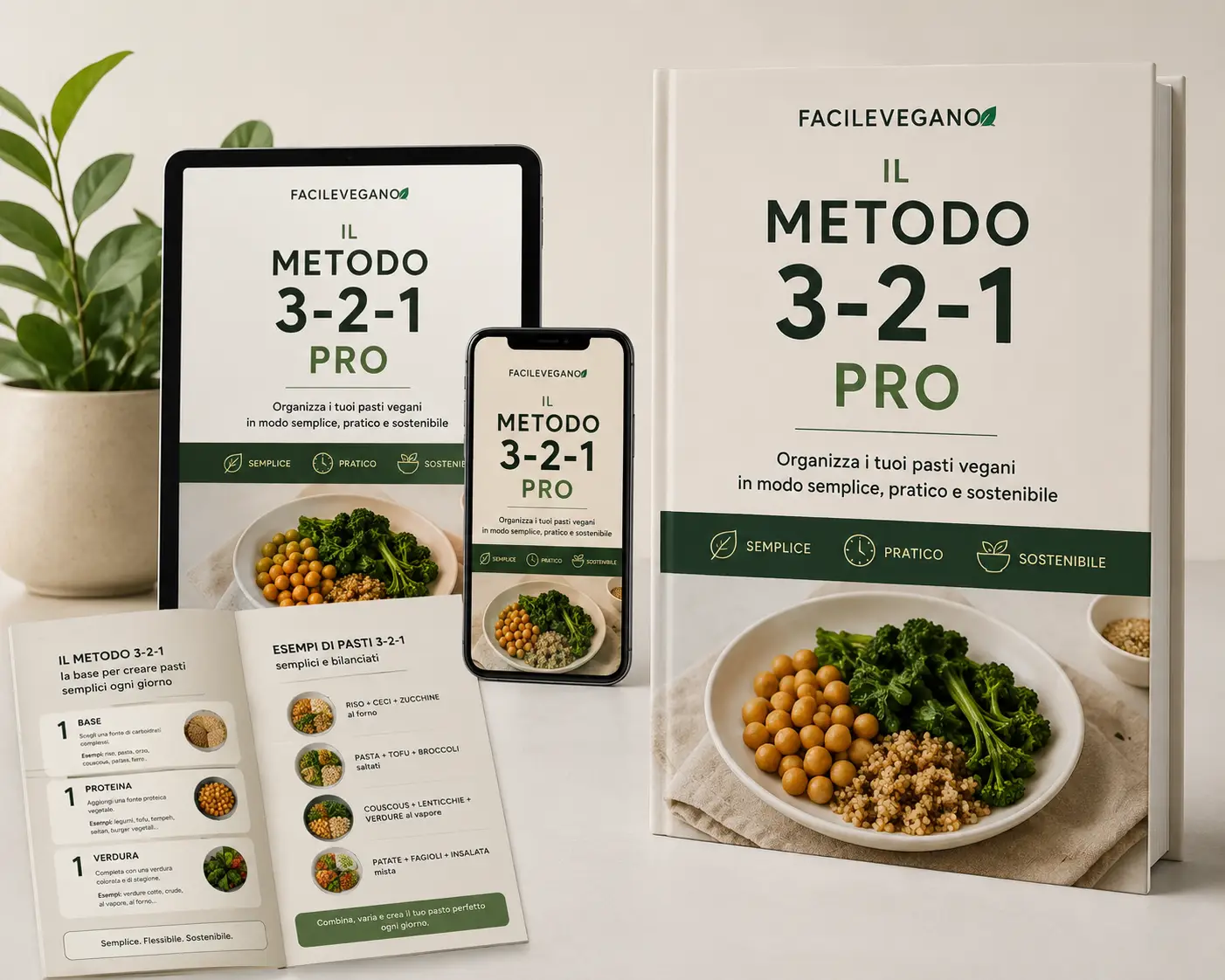 Mockup del Metodo 3-2-1 PRO di FacileVegano per organizzare pasti vegani semplici e pratici