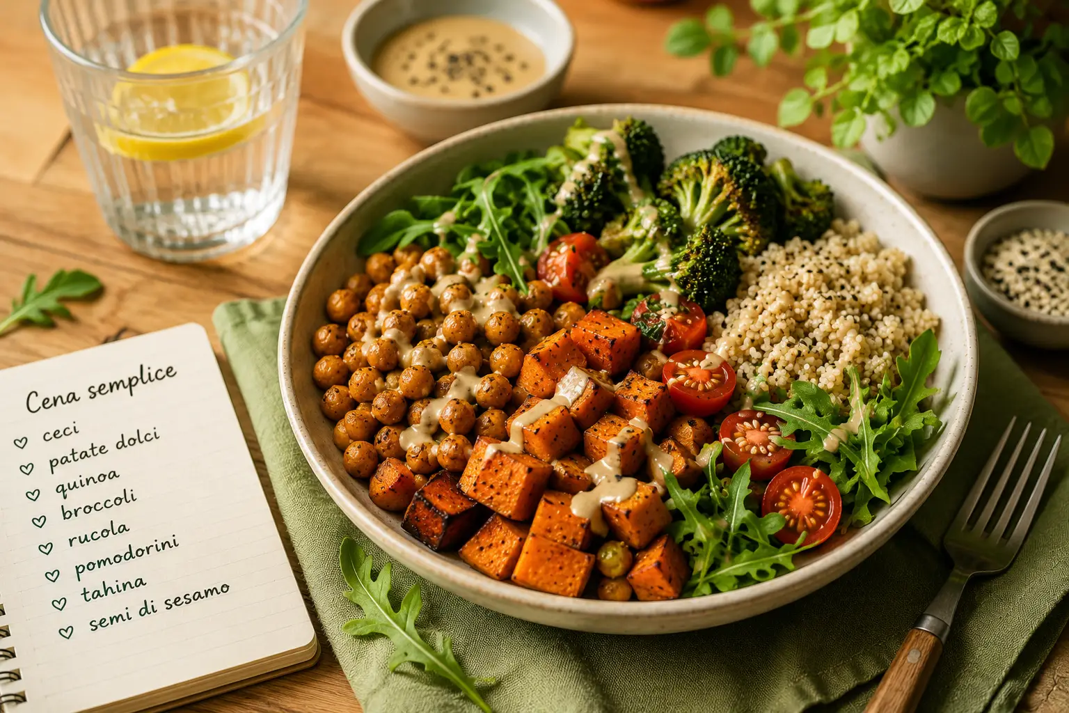 Cena vegana semplice con legumi cereali e verdure